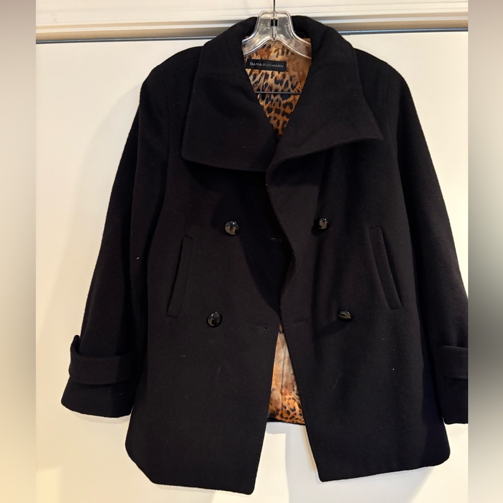 Dana Buchman Black Pea Coat with Structured Collars